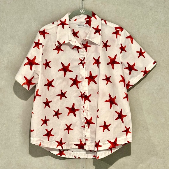 Chico's Kids Star Print Button Down Shirt - Red and White - Picture 1 of 4